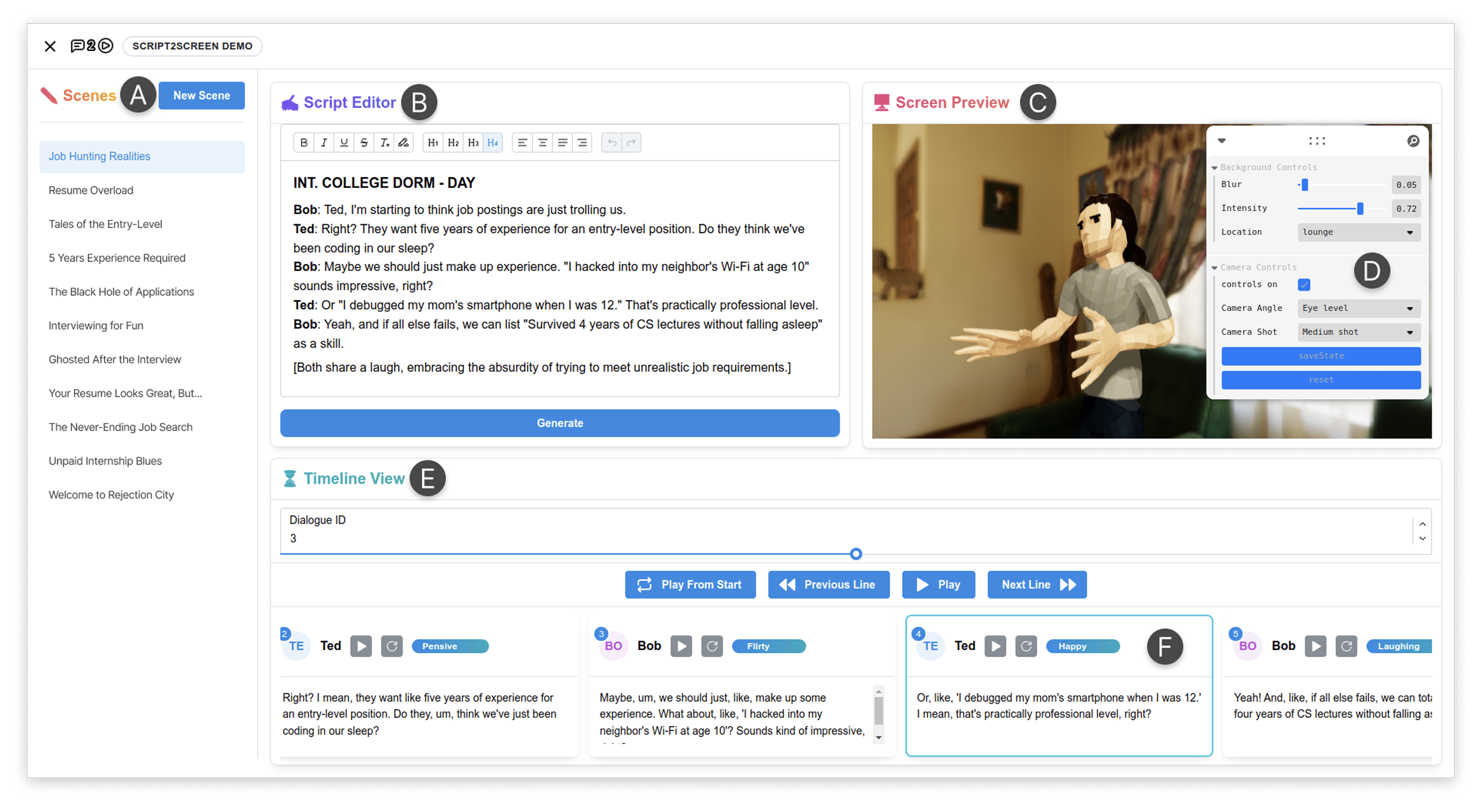 Script2Screen: Supporting Dialogue Scriptwriting with Interactive Audiovisual Generation
